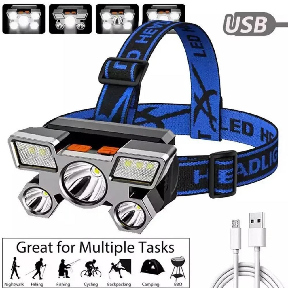 6000LM Outdoor High Brightness 5LED Headset Flashlight Outdoor Household Portable USB Rechargeable Fishing Miner Lamp Strong Headlight