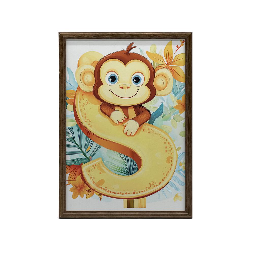 Poster Cheerful Monkey And Letter S Poster Cheerful Monkey And Letter S, 40X50 Cm, Gold Aluminum Frame, 230 Gsm Matte Paper