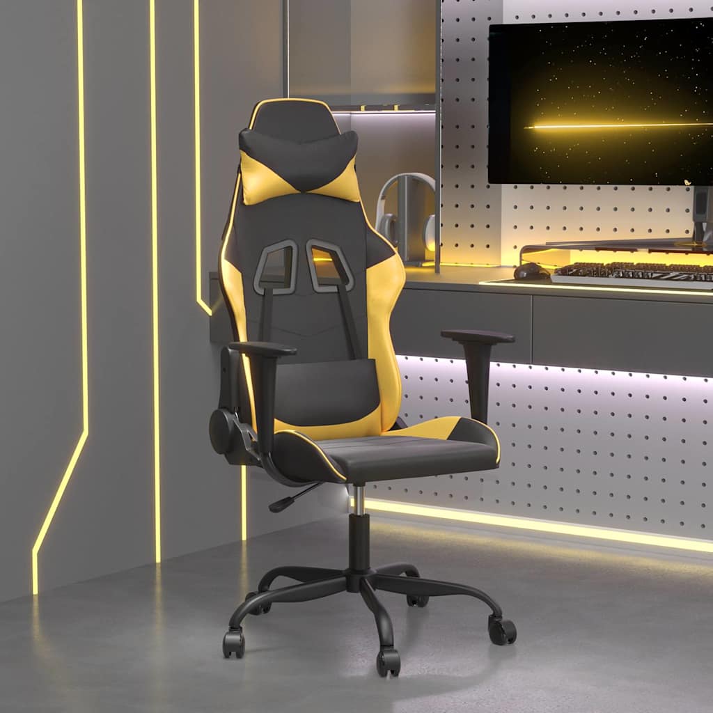 Gaming Chair with Massage Function Black & Gold Faux Leather