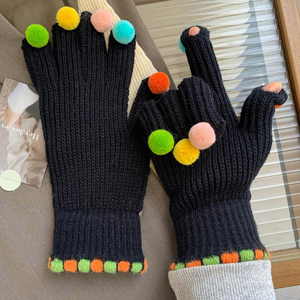 Korean Style Full Finger Mittens Colorful Hairball Cycling Driving Gloves Knitting Gloves Outdooor