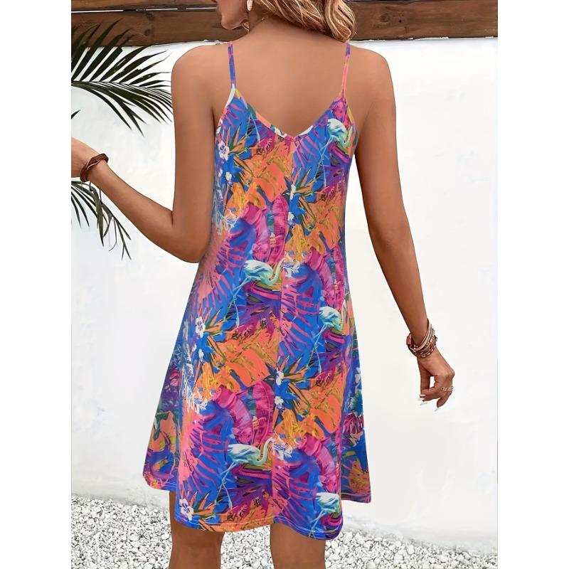 Plant Print V Neck Cami Dress, Casual Sleeveless Spaghetti Strap Dress For Spring & Summer, Women's Clothing