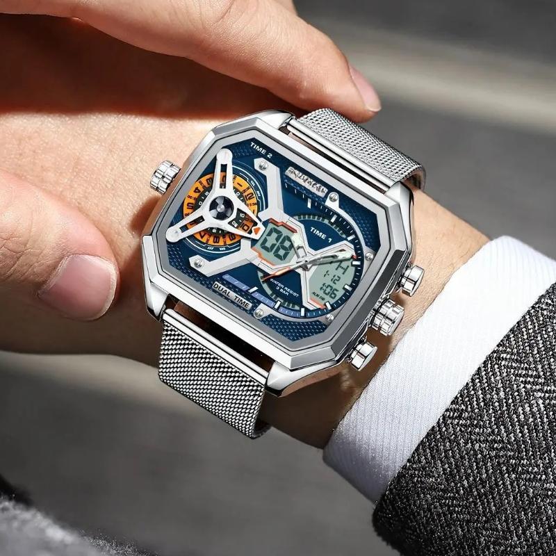 POEDAGAR Новые Роскошные Мужские Часы с Двойным Дисплеем, Дата, День Недели, Люминесцентные Светодиодные Мужские Часы, Сетчатый Ремешок, Электронные Спортивные Мужские Кварцевые Часы