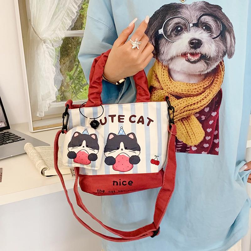 Canvas Cartoon Cat And Bear Print Bucket Bag With Zipper Inner Pocket For Daily Outings