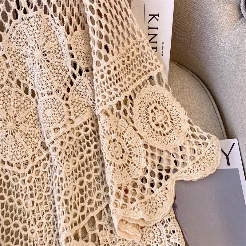 DIMANAF 2025 Новая футболка Женская Вязание Кружево Длинная Пляжная Праздничная Ажурная Летний Базовый Топ Футболка Свободная Одежда
