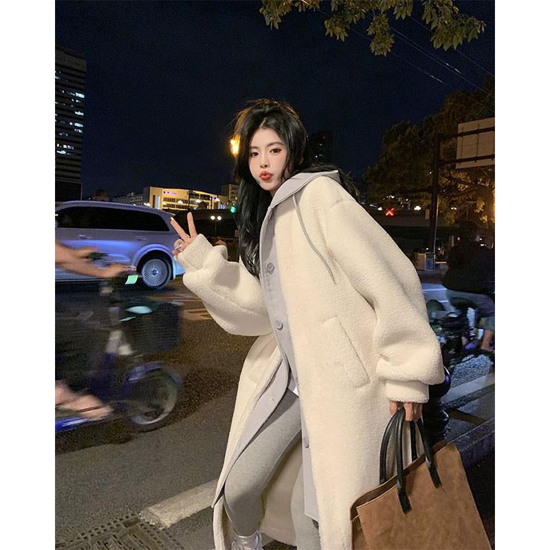 Корейский шикарный длинный капюшон из овчины с юбкой-пальто - женский осенне-зимний модный тренд из двух предметов