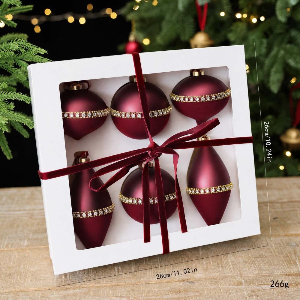 6Pcs Rhinestone Studded Rhinestone Christmas Bauble Flocked Xmas Tree Pendant Home Decoration