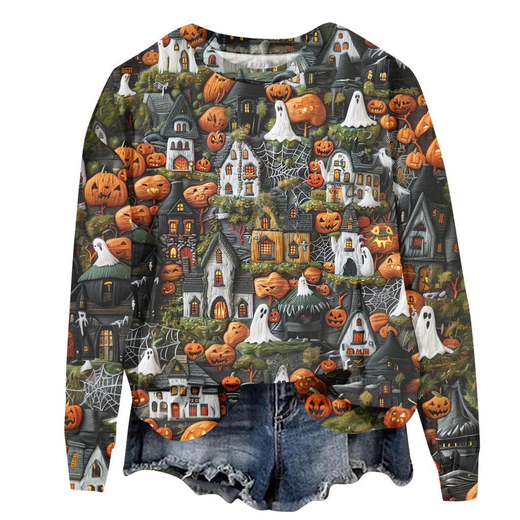 Женский осенне-зимний топ с круглым вырезом и длинными рукавами, милый свитер-пуловер с принтом 3D на тему Хэллоуина