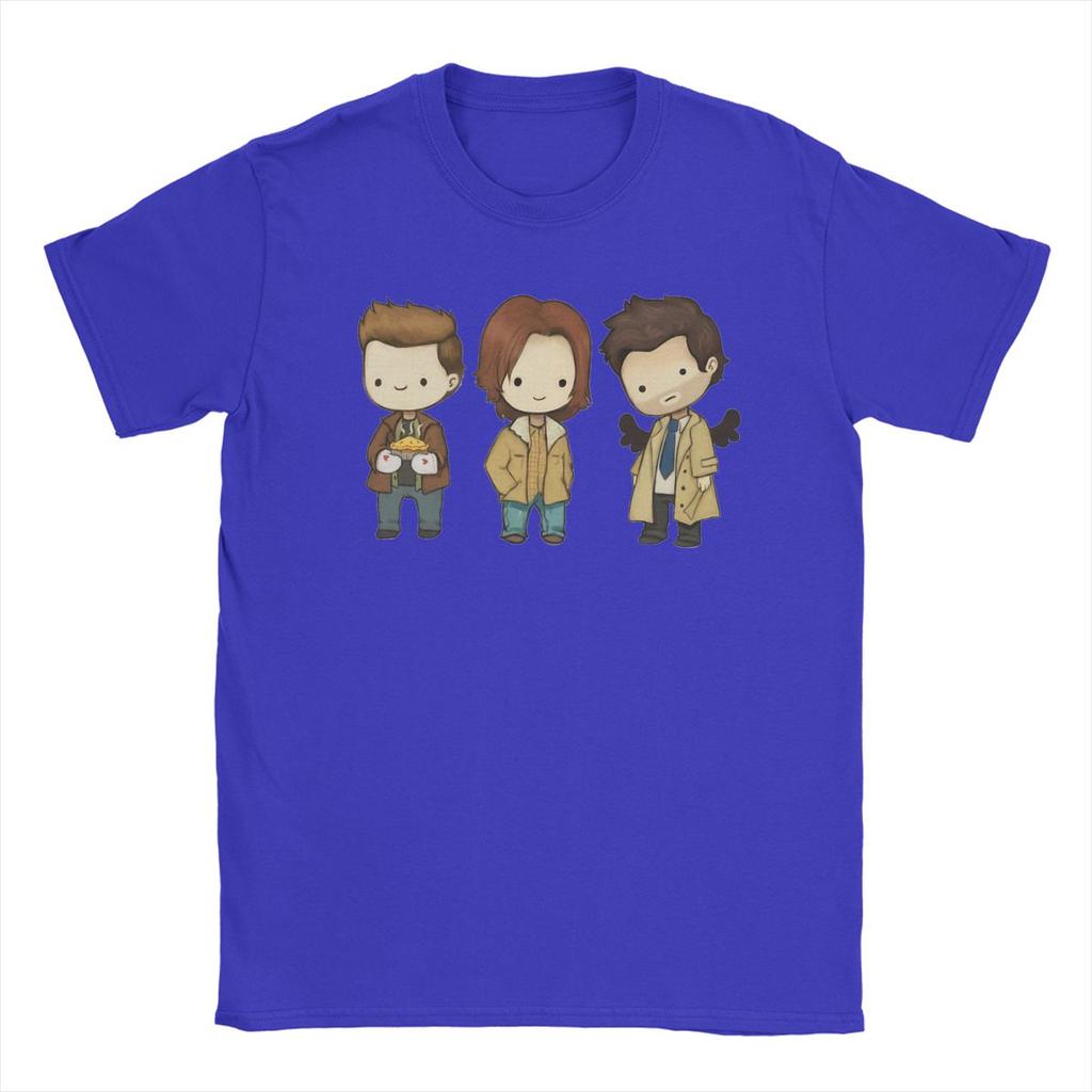 Мужская футболка Sam Dean Castiel Supernatural Chibi Футболка ТВ-шоу 100% Хлопок Одежда Футболка с круглым вырезом Новое поступление Футболка