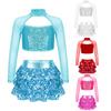 Girls Dance Outfit Long Sleeve Cutout Crop Top with Sparkling Sequins Tiered Ruffle Skirted Shorts