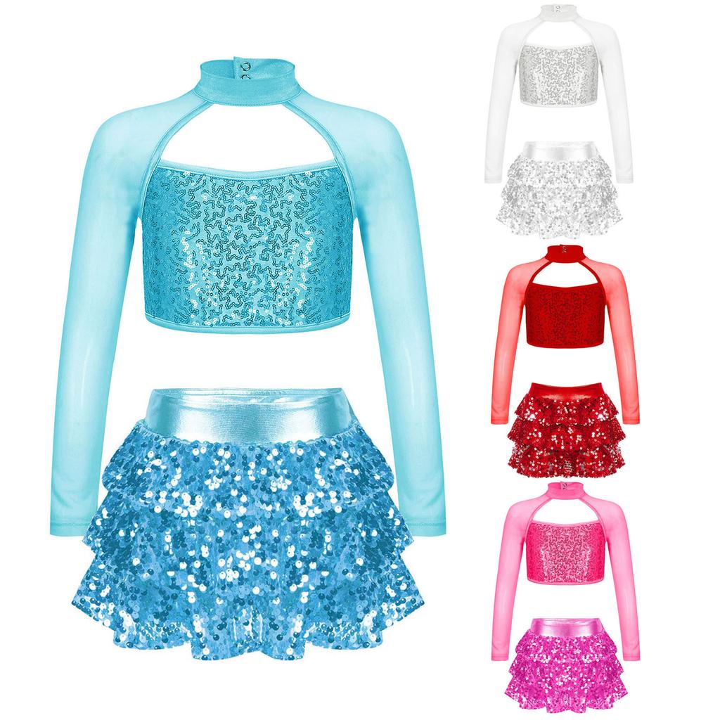 Girls Dance Outfit Long Sleeve Cutout Crop Top with Sparkling Sequins Tiered Ruffle Skirted Shorts