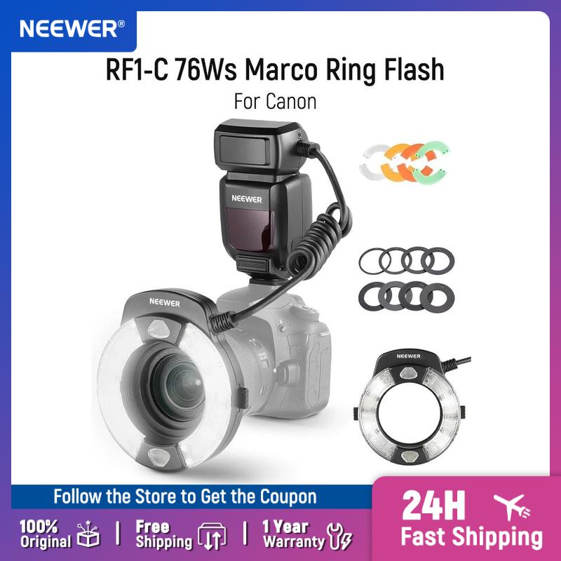 NEEWER RF1-C 76Ws Marco Ring Flash For Canon, 1-1/128 Output, GN15 5600K Front/Rear Curtain Sync TTL External Camera Flash Light