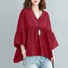 ZANZEA Women's Summer Casual V-Neck 3/4 Bell Sleeves Pleated Solid Color Loose A-Line Blouse