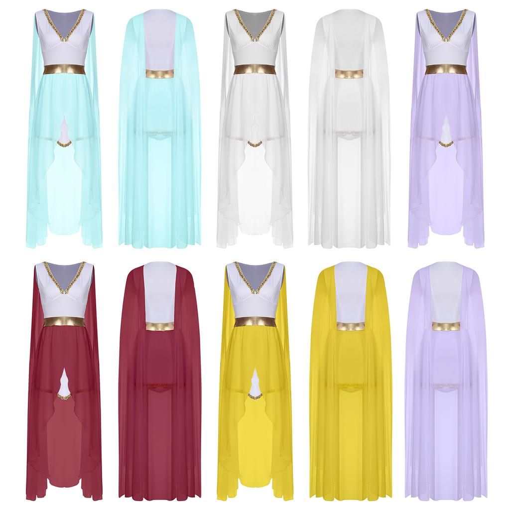 Женское платье для косплея на Хэллоуин в греческом стиле, платье принцессы-королевы, женское платье с V-образным вырезом, рукавами-накидкой, пайетками и разрезом, костюм для косплея, римское платье-тога