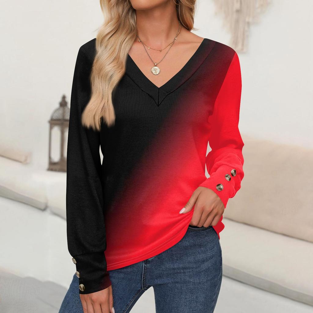 Women's Tops Gradient Printed Long Sleeve Shirt V Neck Casual Loose T-Shirt Autumn Clothing