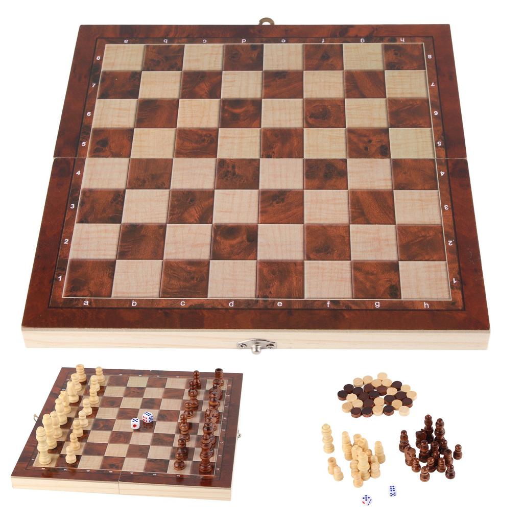 3 In 1 Chess Board Game Set Intellectual Growth Chess Checkers Set for Family Friends Wood 24 X