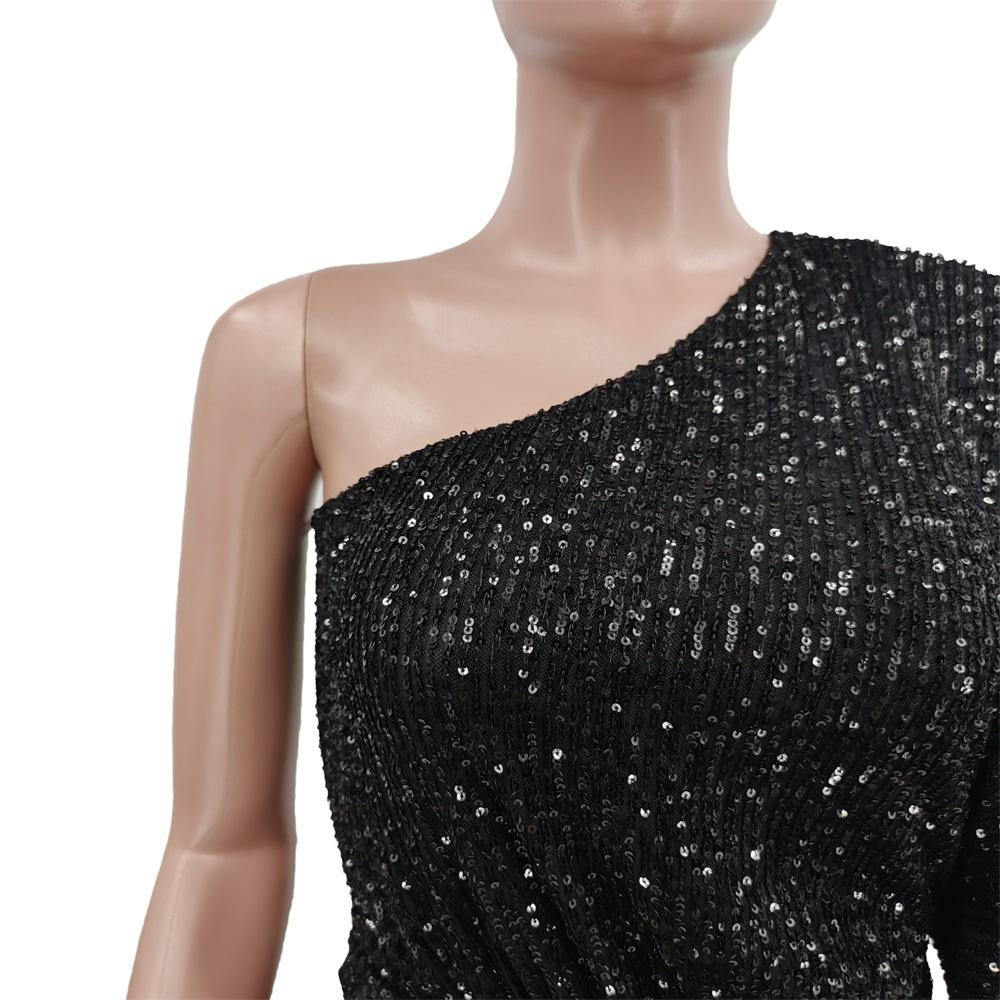 Solid Colour Evening Dress Sequins Strapless Sexy Elegant Mid-waist Women's Dress
