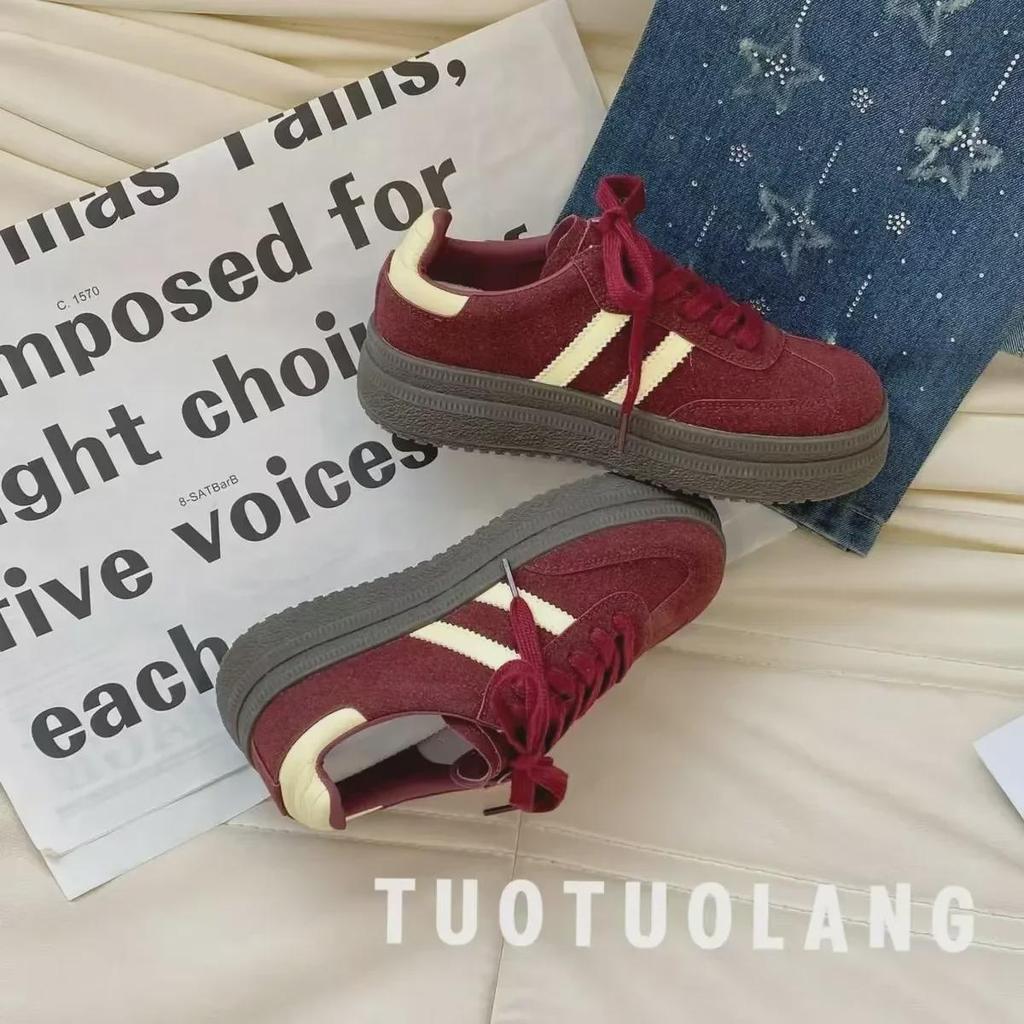 Женские туфли из красного воловьего бархата, осень 2024 г. — низкие, на толстой подошве, повседневные, секонд-хенд, универсальные