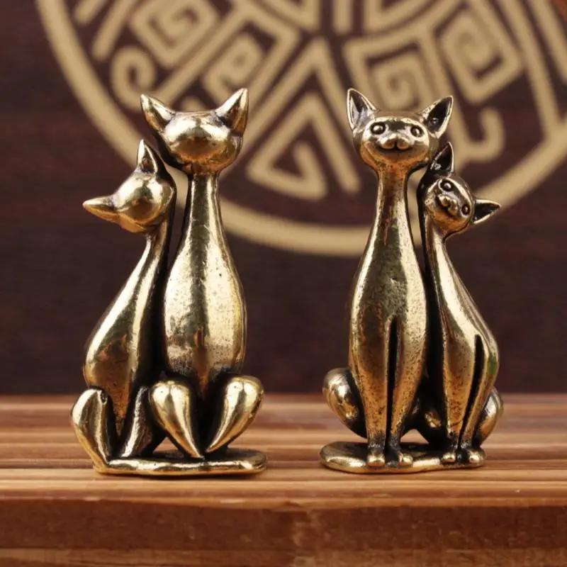 1pc Brass Double Cat Sculpture Ornament Crafts Anime Cat Ornament Home Desktop Living Room Office Small Ornament Crafts