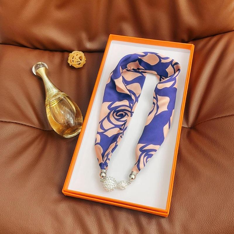 Silk Scarf Women's Spring, Autumn and Summer New Fashion Neck Protection Decoration Long Necklace Type Magnetic Buckle Scarf Small Scarf
