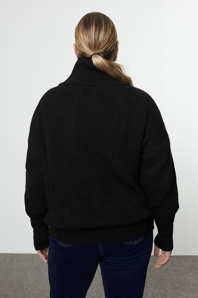 Women's Fashionable Stylish Plus Size Cardigan Black Turn-down Collar Zippered Crop Knitwear Cardigan