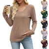 Women's Fashionable Solid Color V-neck Long Sleeved Casual Loose Top