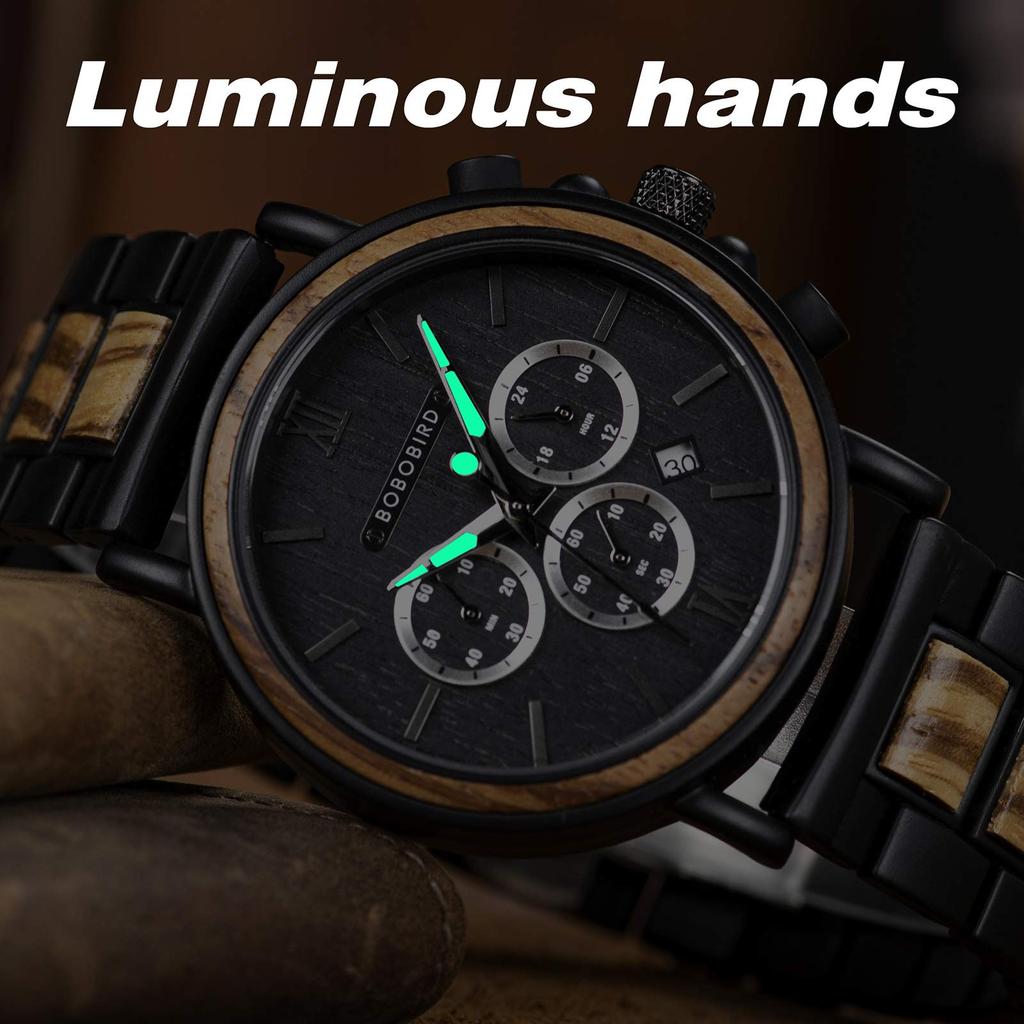 BOBO BIRD 2021 Новые часы Деревянные часы Аналоговые кварцевые повседневные деревянные часы с подарочной коробкой Мужские (черный)