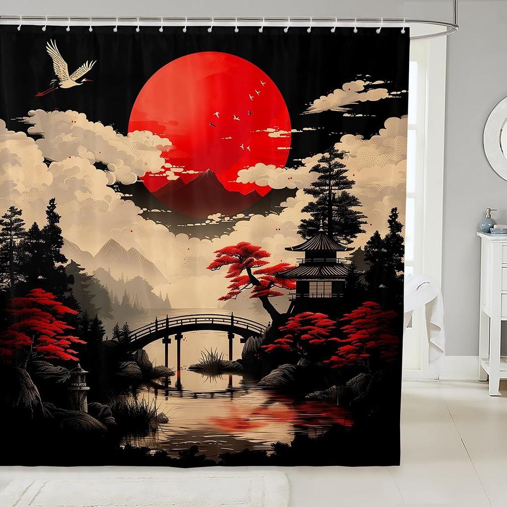 Japanese Samurai Shower Curtain Set,Red and Black Dragon Bathroom Decor Kids Boys Men,Anime Style Bathroom Set Oriental Fabric