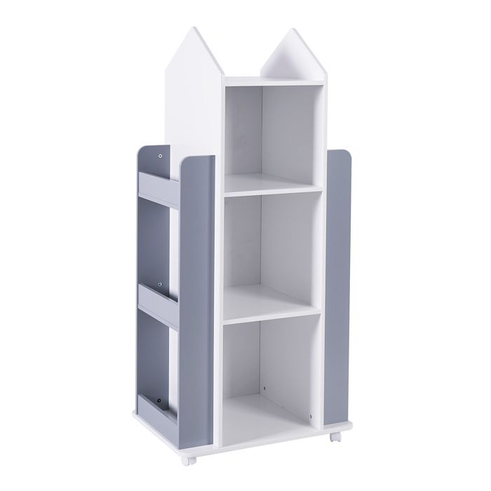 GINGER HOME – Bibliothèque enfant rotative 360°, 4 niveaux, MDF blanc/gris, 53,5 × 40 × 120 cm