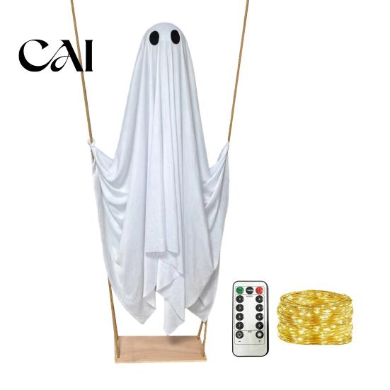 Outdoor Halloween Decorations Hanging Swing Ghost Decoration, Light Up Large Spooky Props on A for Outside Garden Yard Porch Tree Decor Easy Assembly