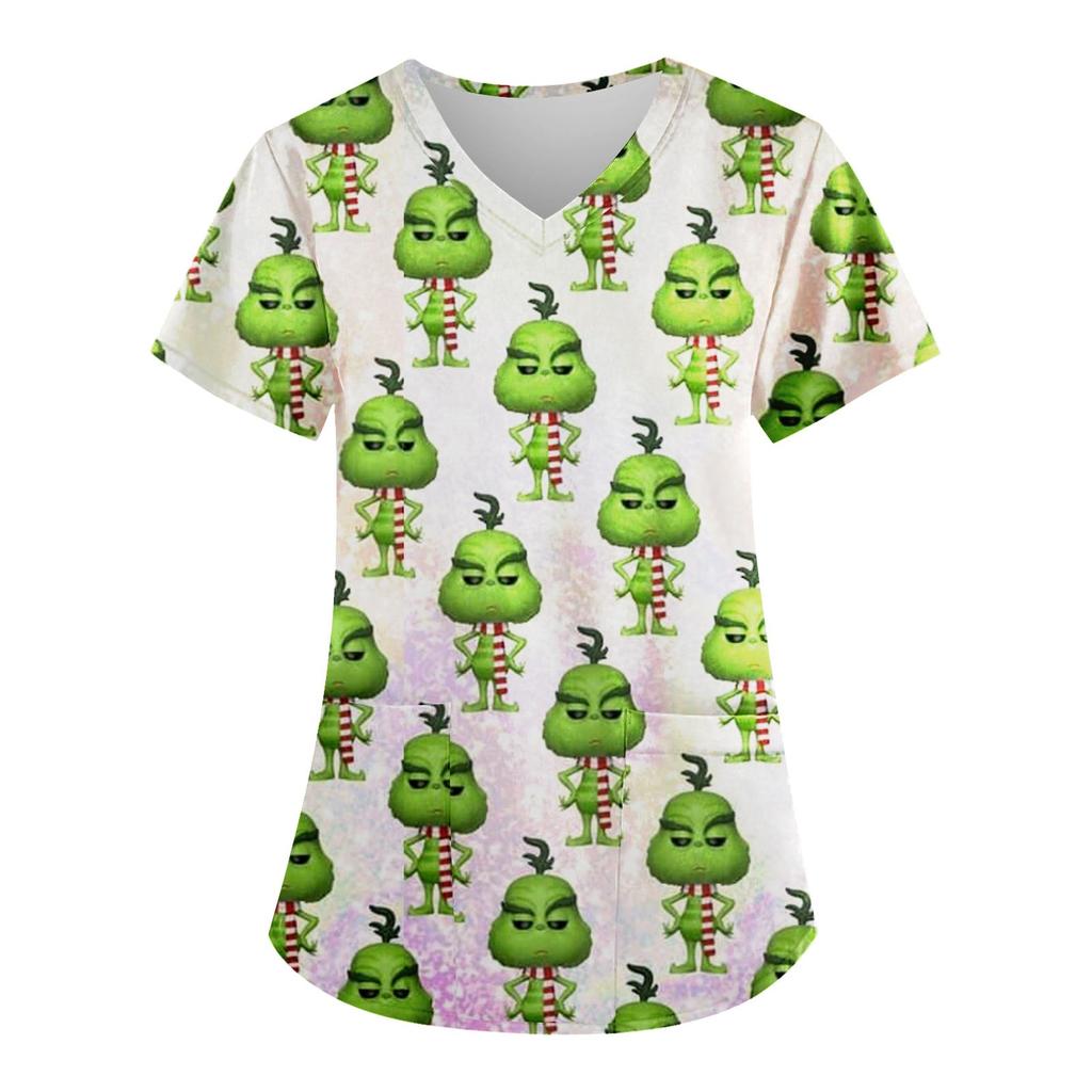 Женские модные топы с короткими рукавами и V-образным вырезом с принтом, рабочие футболки с карманами