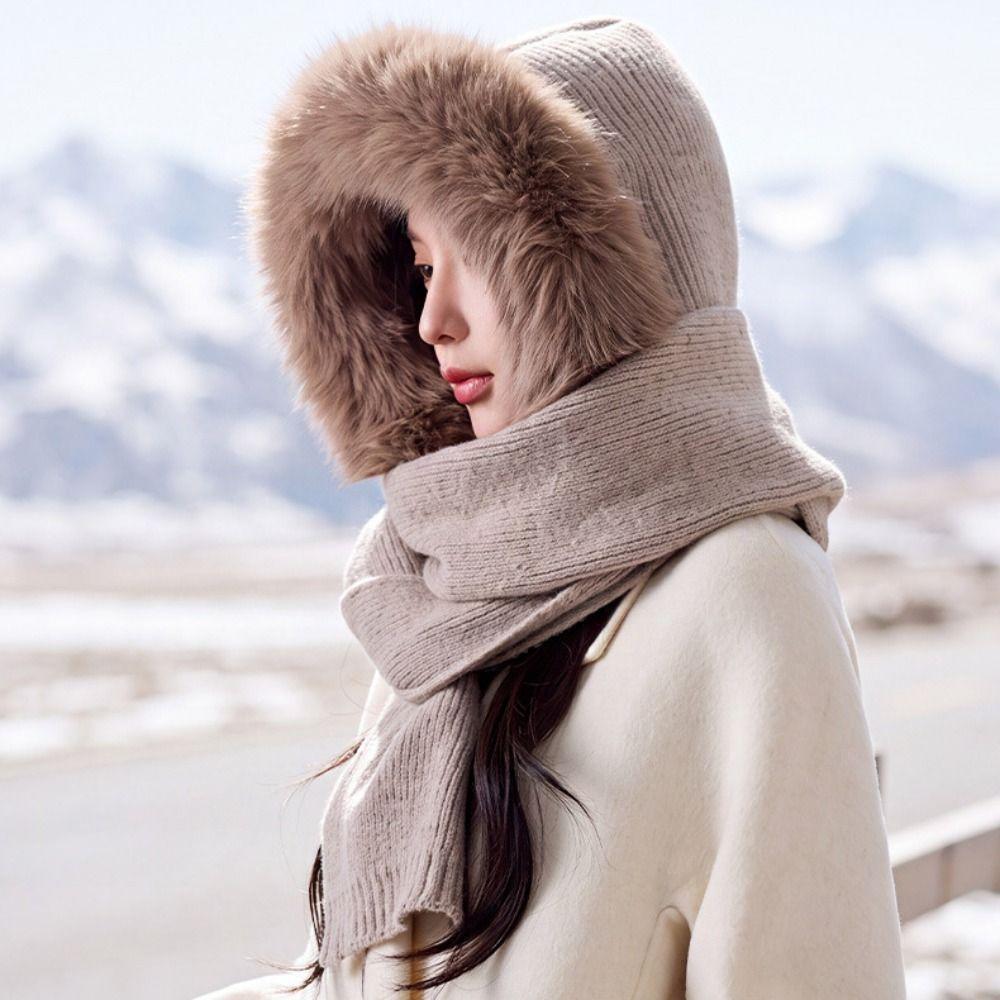 Plush Knitted Balaclava Hat Wool Blend Hat and Scarf 2-in-1 Knitted Hooded Scarf Winter/Autumn