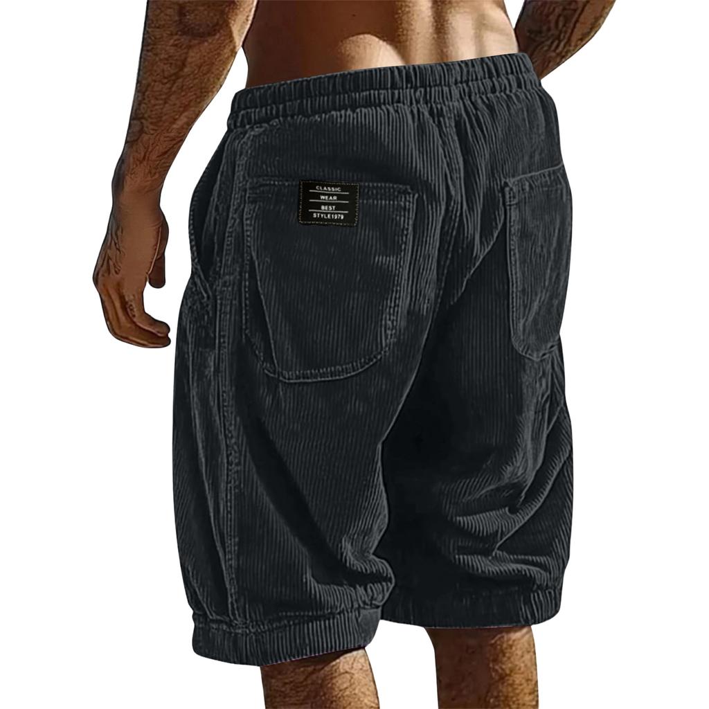 Mens Corduroy Shorts Relaxed Fit Elastic Waistband Patch Pocket Design Casual Knee Length Trousers for Everyday Wear