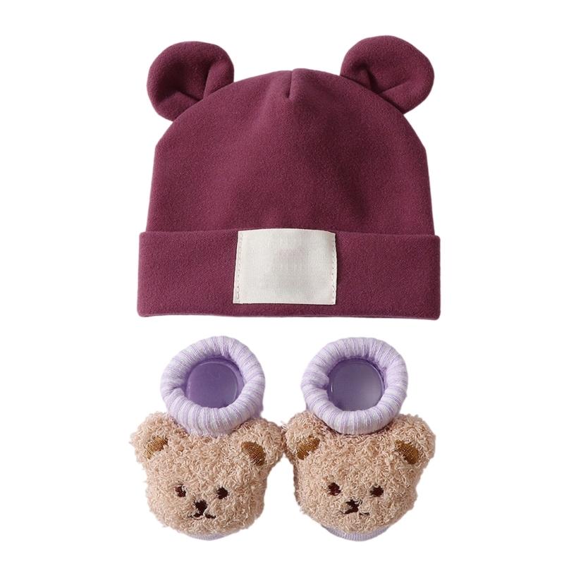 Дышащая детская шапка и носки с ушками Эластичная смесовая ткань Хлопок и Полиэстер Нежное воздейжение на чувствительную кожу Надежная посадка для младенцев