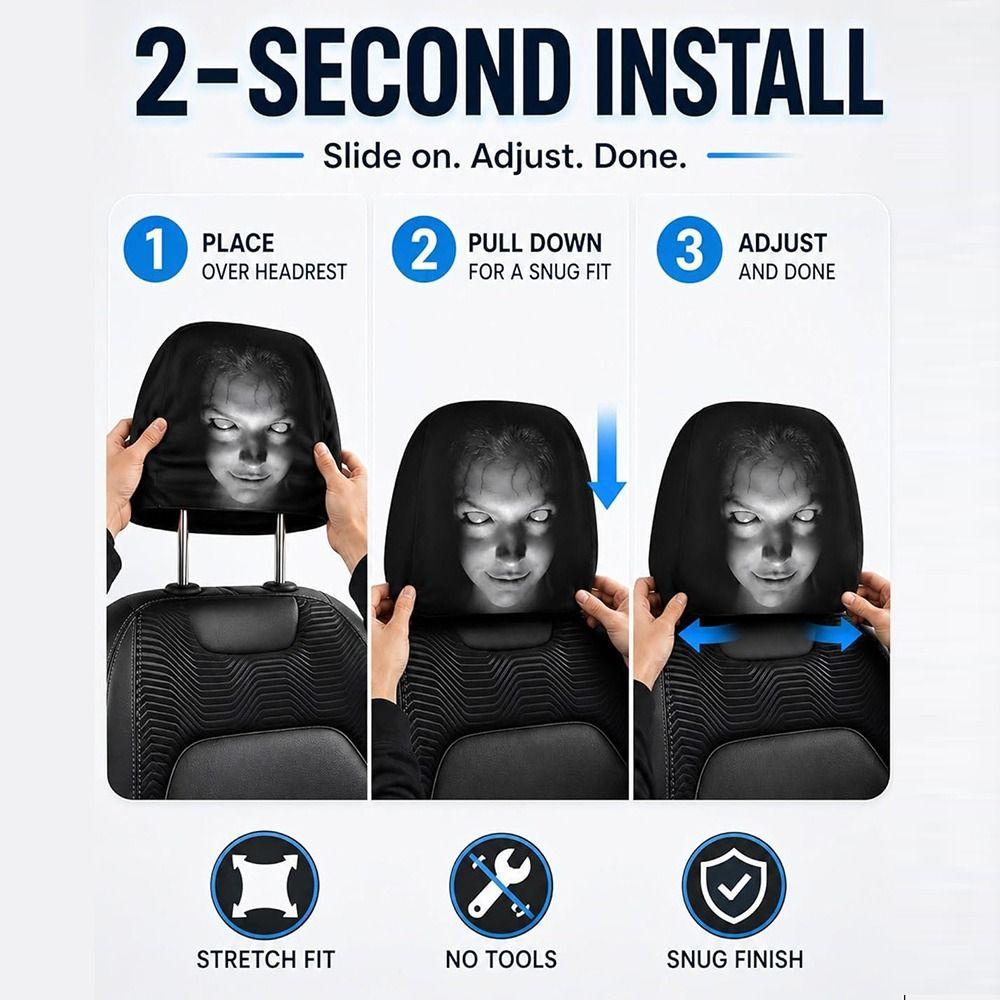 2Pcs Black Car Seat Cover Scary Face Printing Car Headrest Protector Auto Interior Accessories