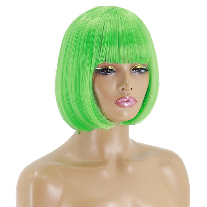 MERISIHAIR Women Synthetic Cosplay Fluorescent Green Wig Short Straight Bob Hair with Bangs Green Purple Light Blonde Pink Red Wine Halloween Wig