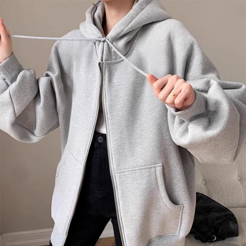 Осень-зима женская толстовка с капюшоном однотонная свободная толстовка с капюшоном женская корейская повседневная куртка на молнии