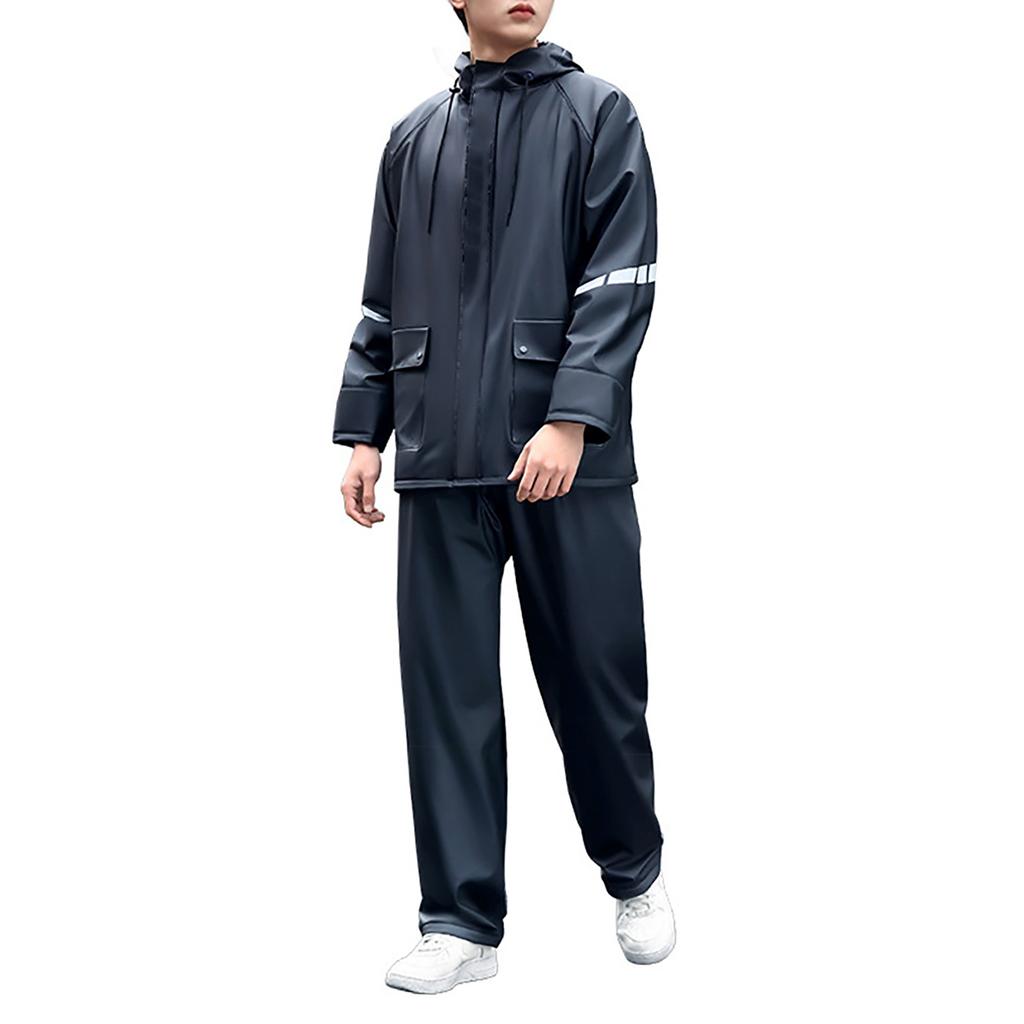 2 Pieces Raincoat Suit with Hat Waterproof Reflective Strip Split Rain Jacket Pants Set for Men Black L
