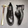 Men'S Round Head Thick-Soled Soft Leather Lace-Up Leather Shoes Low-Top Belt Casual Business Leather Shoes Trendy Fashion Small Leather Shoes