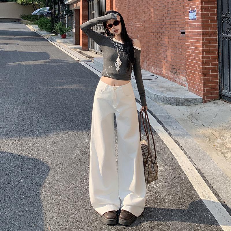 White wide-leg jeans women's autumn and winter new high-waisted and thin straight loose and versatile simple floor pants