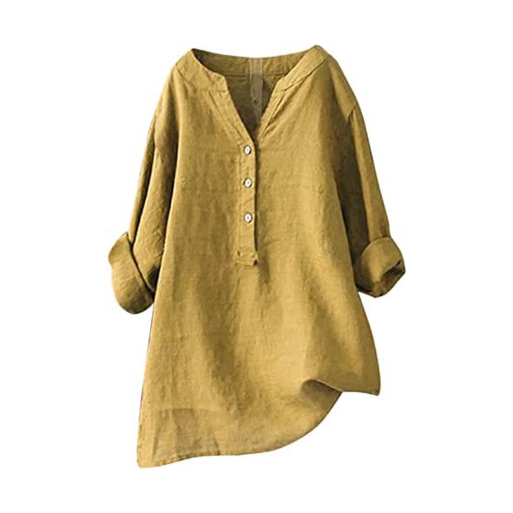 Women Solid Stand Collar Long Sleeve Shirt Casual Loose Blouse Button Down Tops