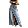 Womens Vintage Distressed High Waist Split Denim Maxi Skirt Irregular Patchwork Slim Fit Casual Long Jean