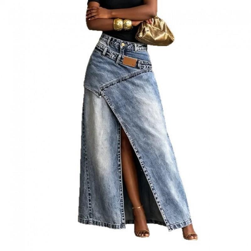 Womens Vintage Distressed High Waist Split Denim Maxi Skirt Irregular Patchwork Slim Fit Casual Long Jean