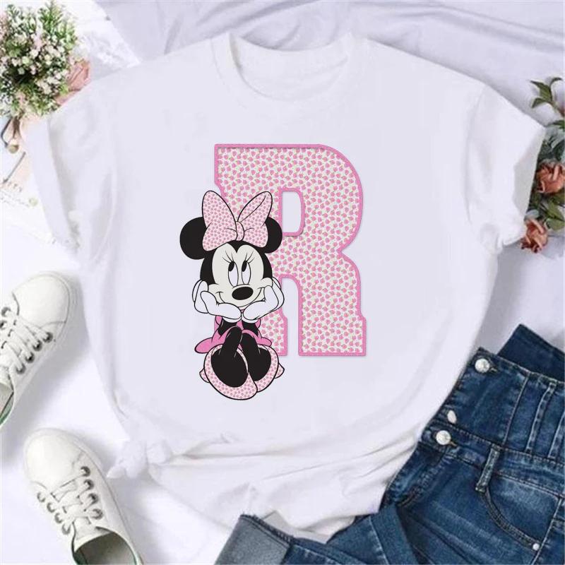 Kawaii Ladies Tees Disney Cartoon Mickey Mouse Letter Minnie T-shirt White Short-sleeved Women 90S Tops Summer Loose Blouse
