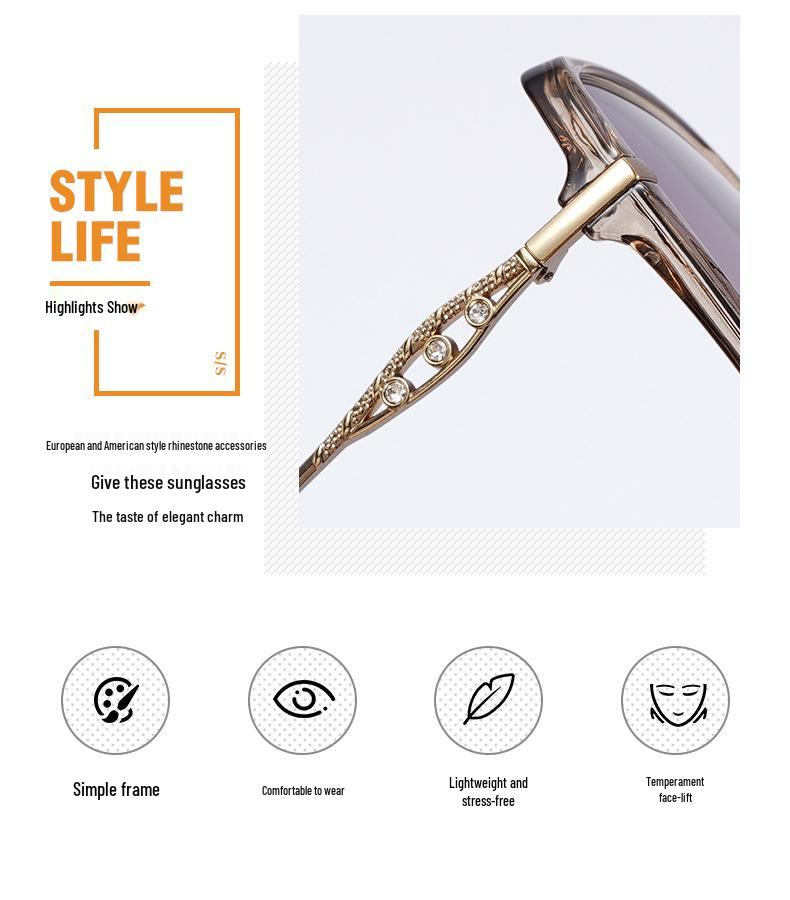Женские солнцезащитные очки премиум-класса с крупной оправой из стразов, полыми дужками из цинкового сплава и поляризованными линзами HD