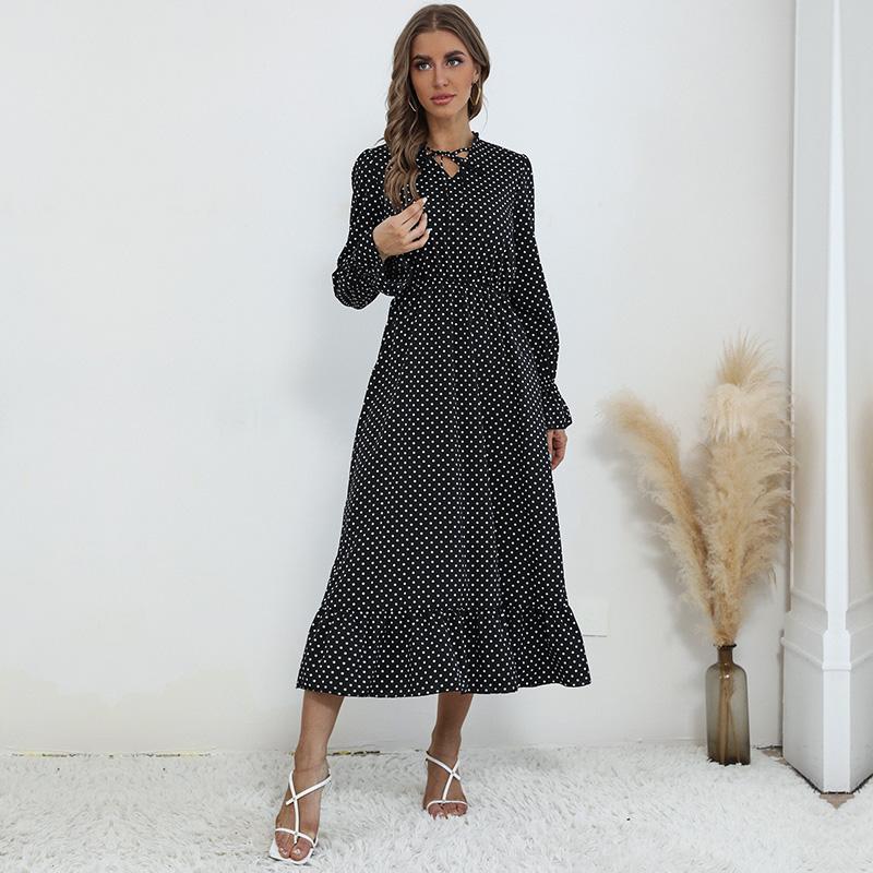 Женское весеннее платье с V-образным вырезом и высокой талией, шикарное длинное платье в горошек с длинными рукавами и принтом