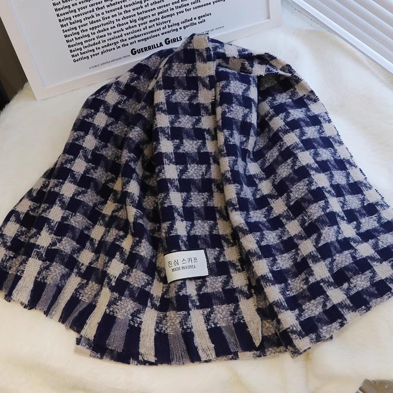 Black and White Plaid Scarf Women's Autumn and Winter Imitation Cashmere Couple Warm Scarf Thousand Bird Grid Versatile Fringed Shawl