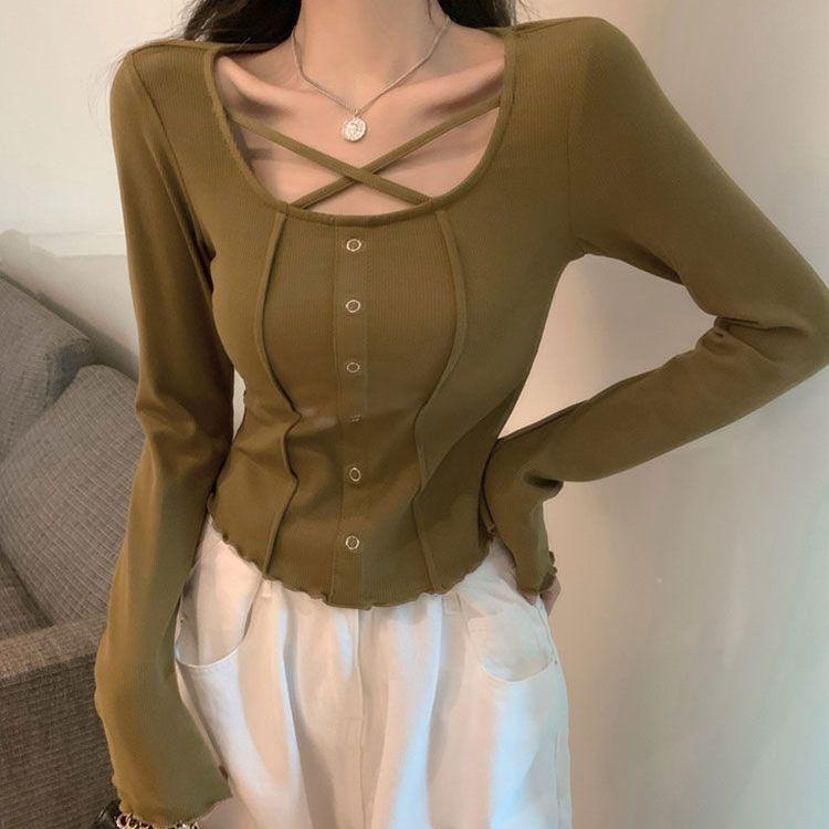 Футболка с длинным рукавом Женская Harajuku Корейский стиль Тонкие сексуальные топы Женские однотонные футболки Уличная одежда Весенние футболки