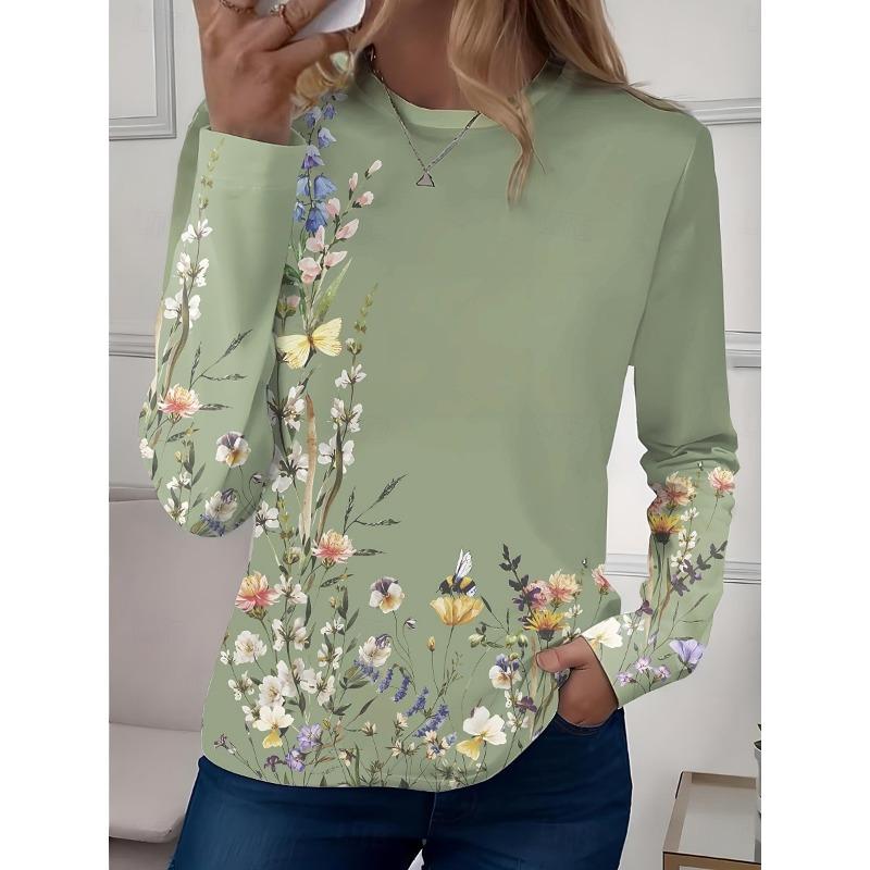 Women's Casual T-shirt 3D Printed Flower Print Round Neck Retro Elegant Long Sleeves Women's Fashion Pullover Long Sleeve Tops