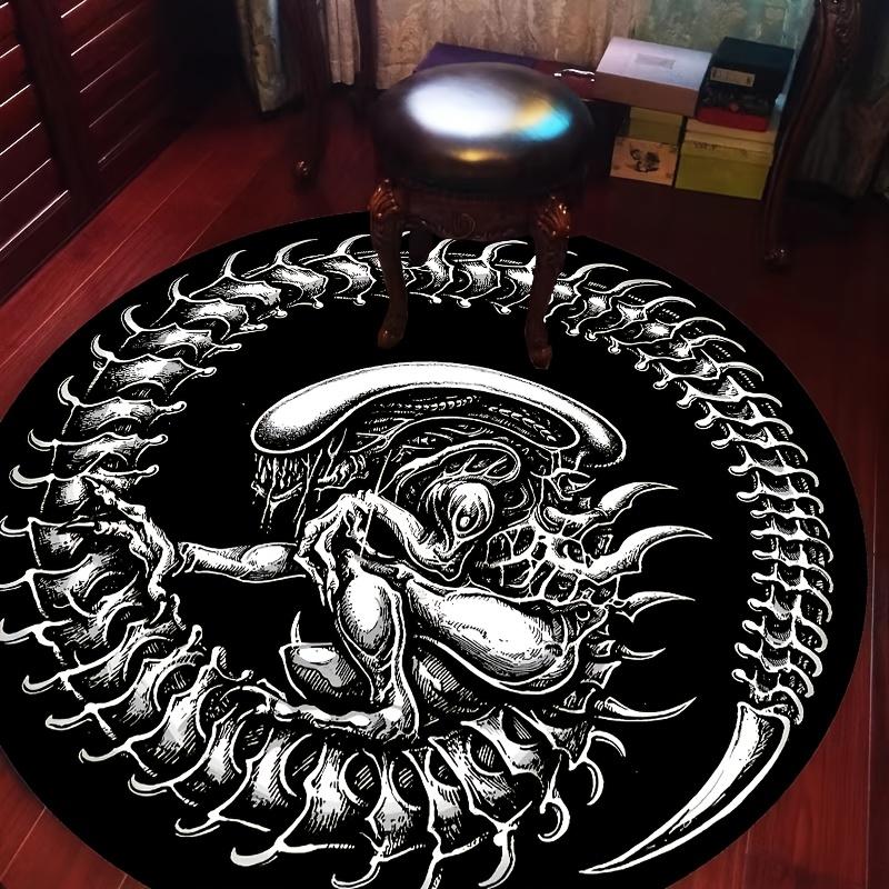 VIKAMA Xenomorph Alien Ouroboros Round Rug, Gothic Horror Sci-Fi Floor Mat, Bedroom Living Room Man Cave Decor Carpet
