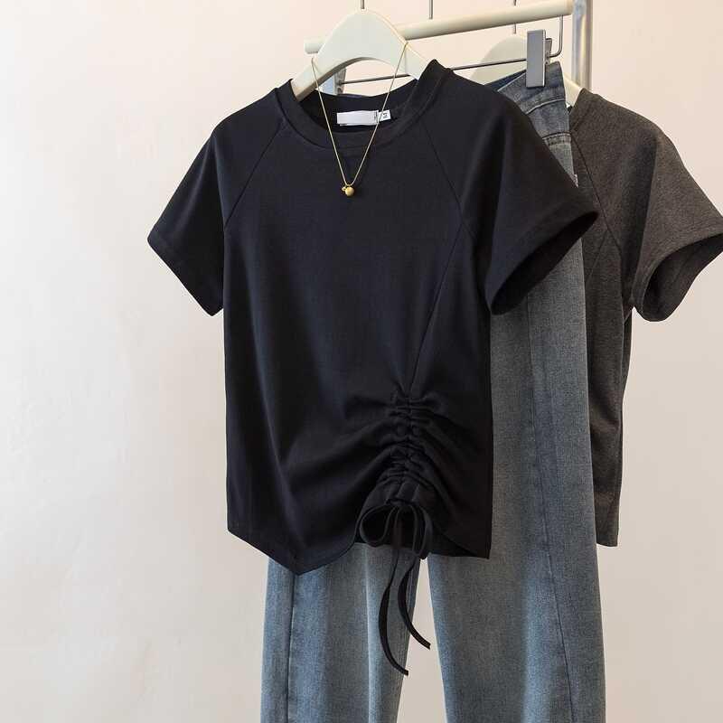 Women's Slimming Irregular Short Sleeve Drawstring T-shirt, Plus Size 2025 Summer Top